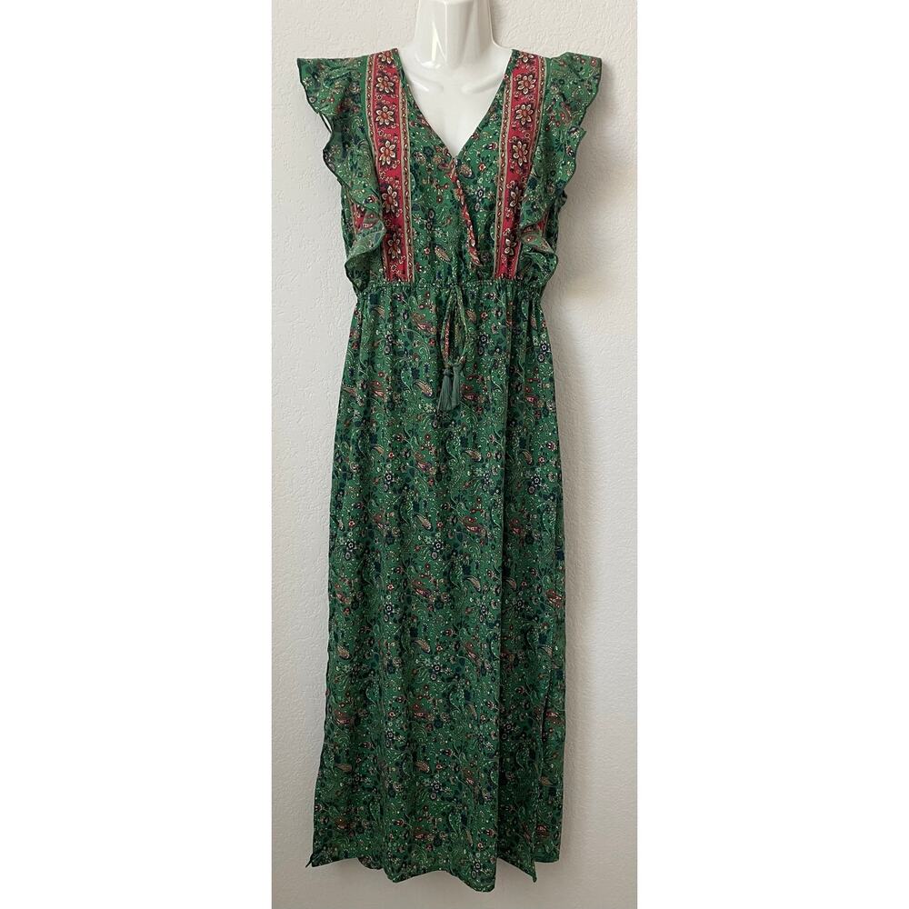 Boemo Ruffle Prairie Floral Green Paisley Maxi Dress V-Neck Sleeveless - Size MP